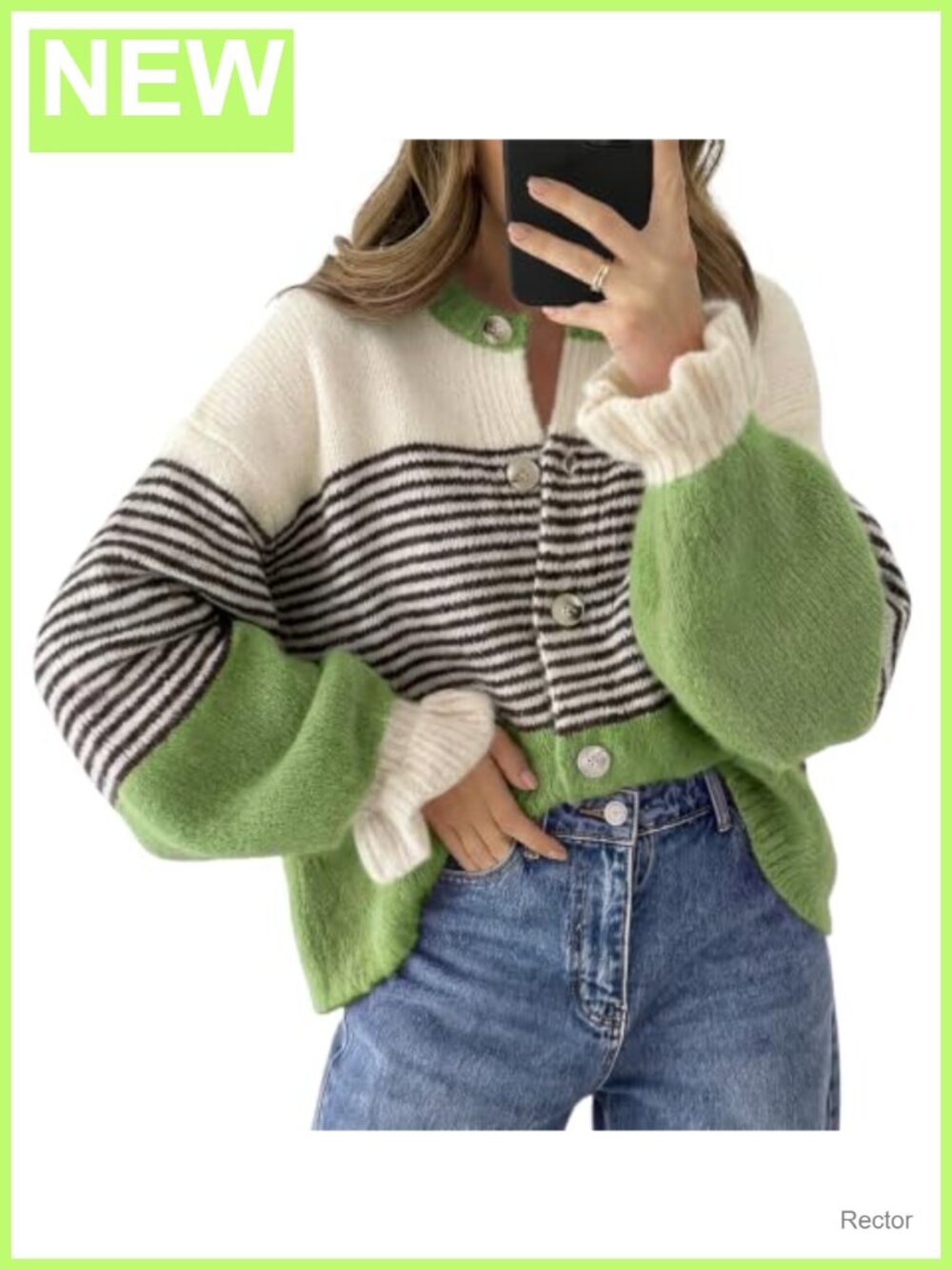 Striped Button Up Cardigan Ruffle Sleeve Loose Knit Sweater Coat Fall